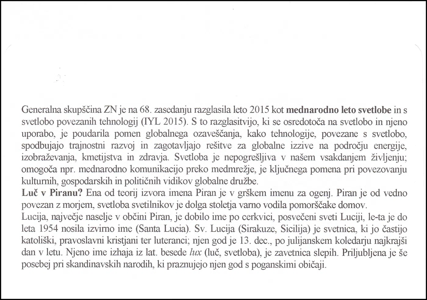 MEDNARODNO LETO SVETLOBE - SV. LUCIJA